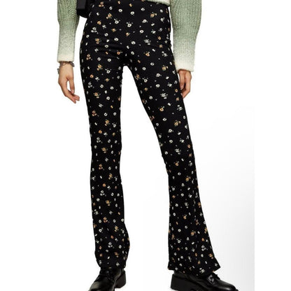 Topshop Boho Preppy Slim Fit Flare Leg Pants Sz 4 US in Black Ditzy Floral NWT