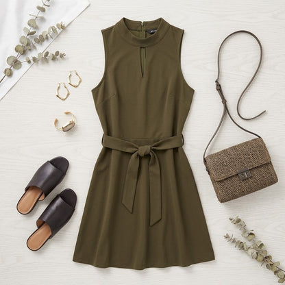 Sharagano NEW Army Green Sleeveless Belted Dress Size 16 Sleeveless Belt Casual