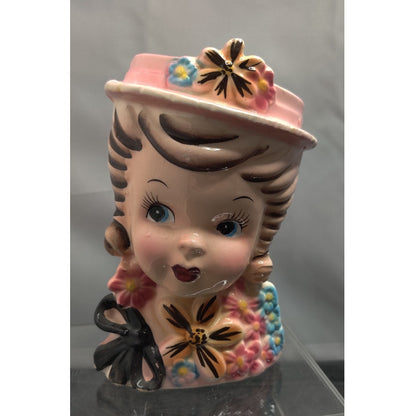 MCM Kitsch Lady Headvase Planter Pink Floral Japan Retro Ceramic Decor Vase Rare