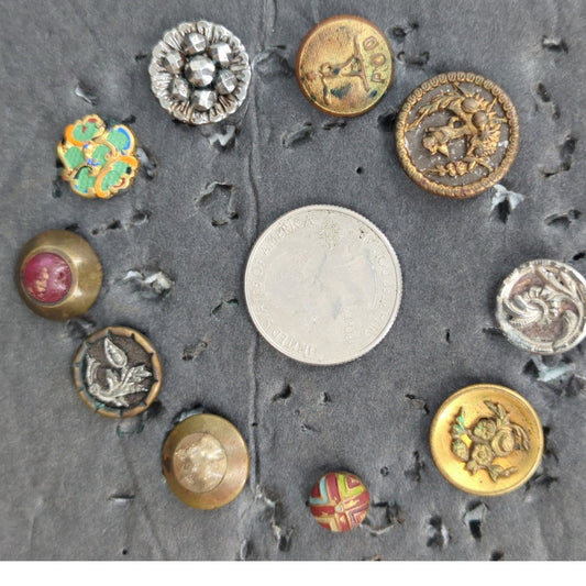 LOT DD of 10 Antique Vintage Victorian Brass Mixed Materials Buttons ESTATE FIND