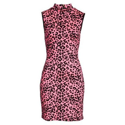 Fraiche by J Sleeveless High Collar Animal Print Mini Dress Sz Medium Pink NWT