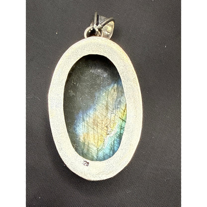 Large Blue Flash Labradorite Pendant 925 Sterling Silver Oval Statement 2.75"