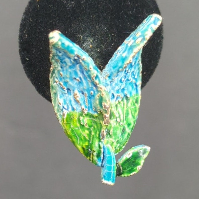 Handmade Blue & Green Leaf Paper Mache Clip On Dangle Earrings Retro Fairycore