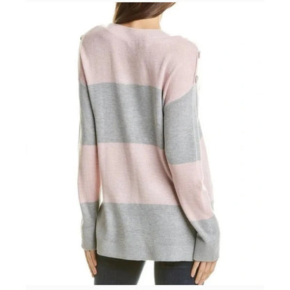 NWT Vince Camuto gray pink stripe ribbed sweater EXTRA-small buttons shoulder XS