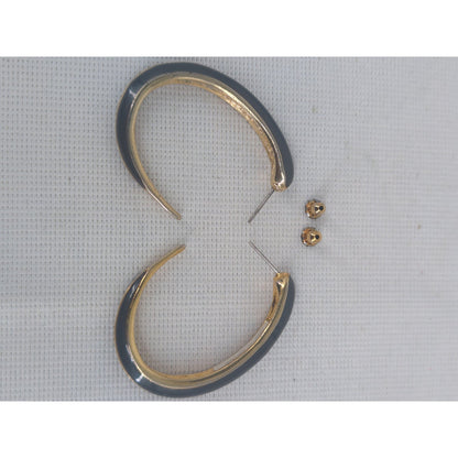 Vintage Black and Gold Curved Hoop Post Earrings Retro Crescent Chic
