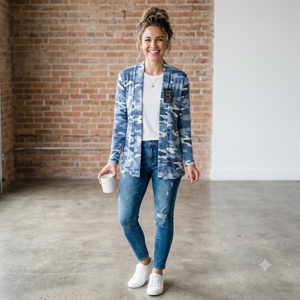 Gibson Women's Blue Camouflage Open Front Cardigan NWT Size Small Long Sleeve
