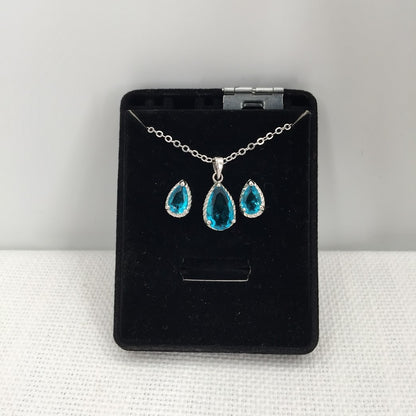 Vintage Pendant Necklace Faux Sapphire Set silvertone Matching pierced earrings