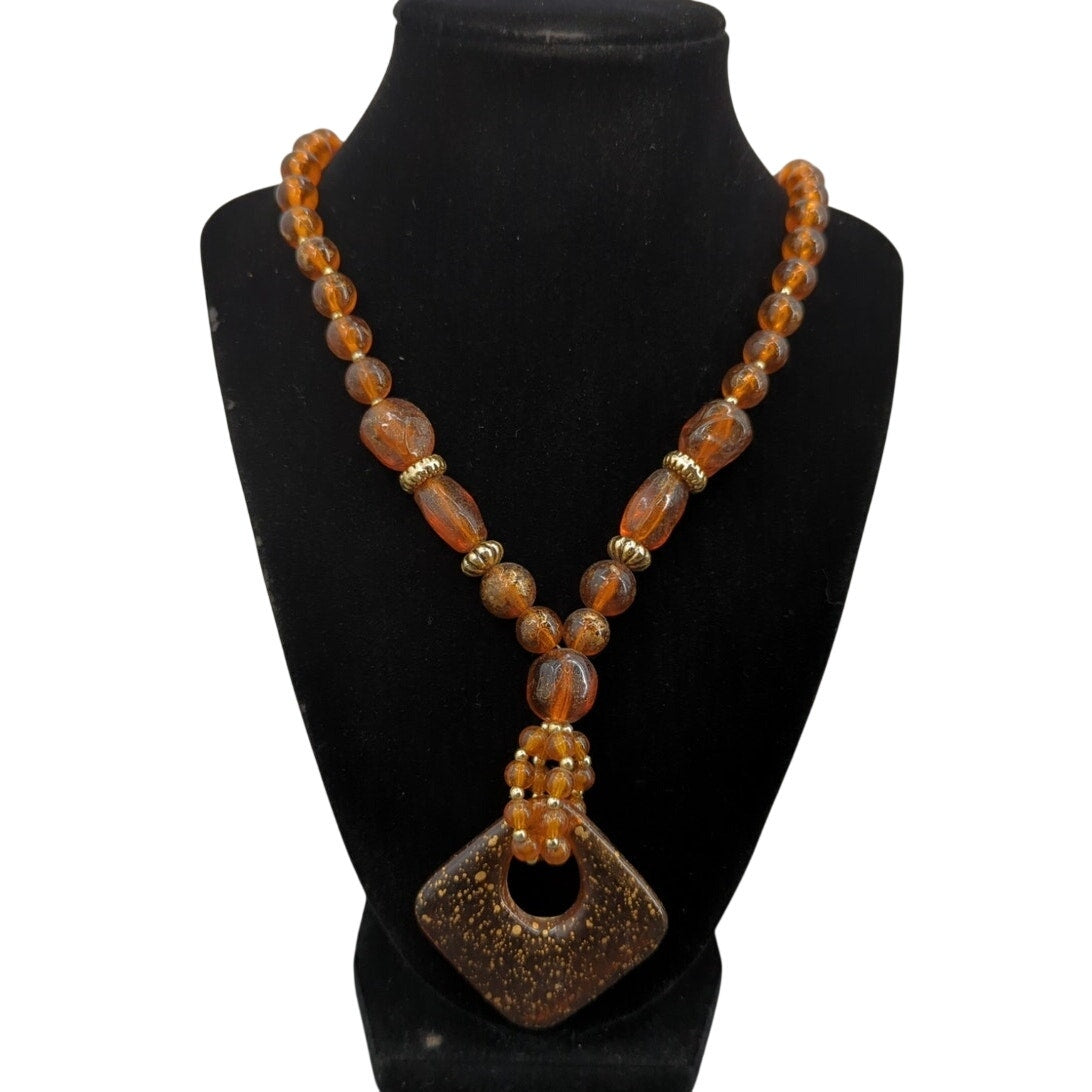 Vintage Amber Resin Diamond Pendant Necklace with Gold-Flecked Detail