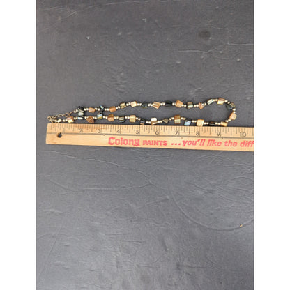 Vintage Earthy Gemstone Bead Gold Tone Bar Station Collar Necklace Boho Chic