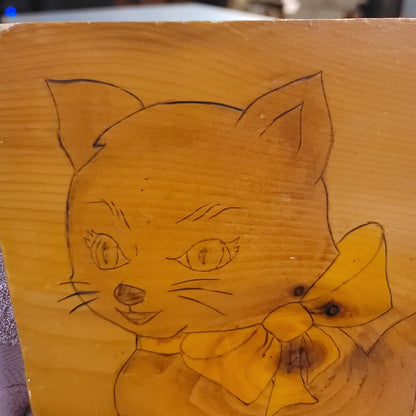 Vintage Pyrography Wood Burning Cat Plaque Wall Art Kitsch Folk Art Etching