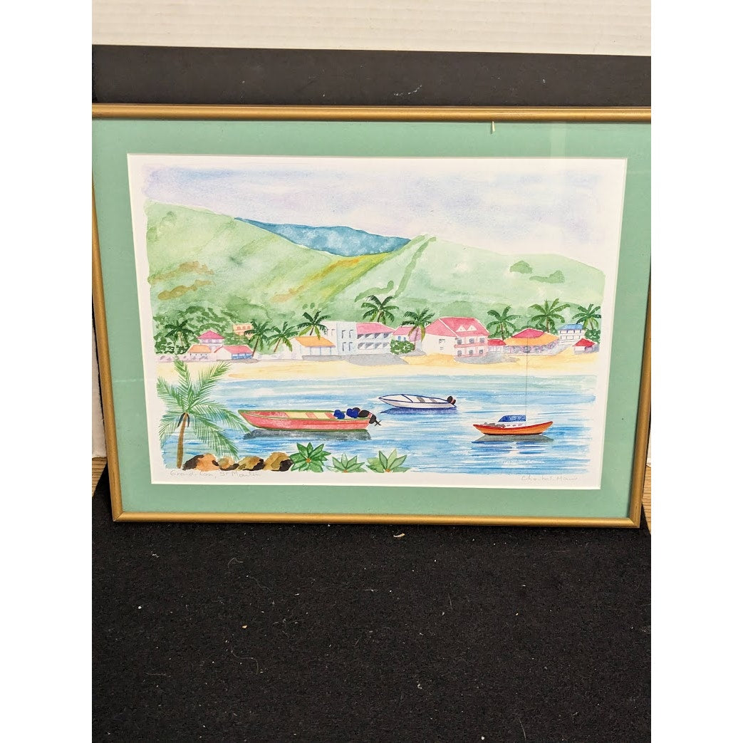 Chantal Marie Watercolor Painting St. Martin Frame 12 x 16 Grand Cove Carrbbean