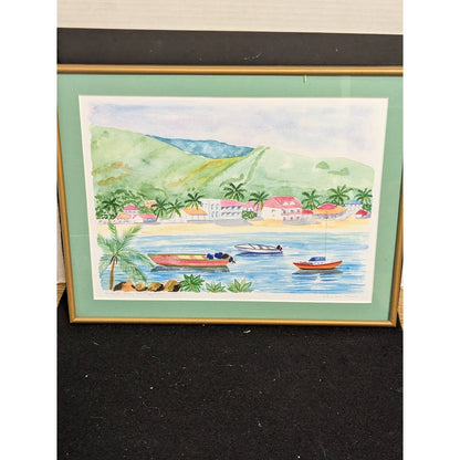 Chantal Marie Watercolor Painting St. Martin Frame 12 x 16 Grand Cove Carrbbean