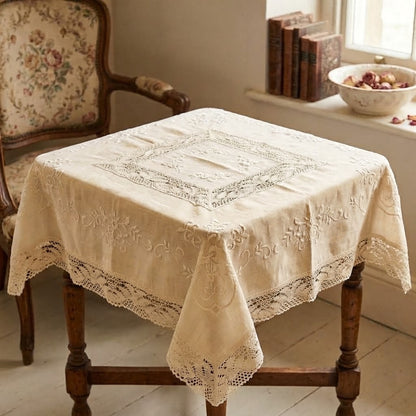 Vintage Linens 70s Tablecloth Hand Embroidery Detail 36" x 36" SQUARE Cream Lace