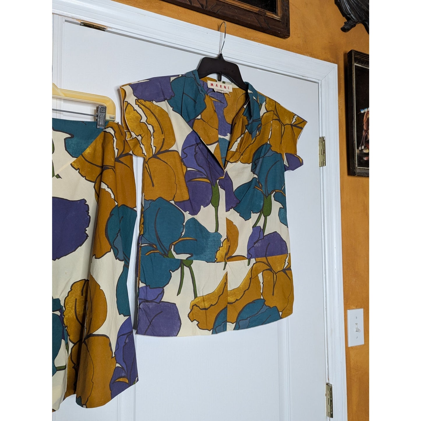 Marni 2 pc. Skirt Blouse to Set Brown Purple Floral Rolled Edges Pocket Medium
