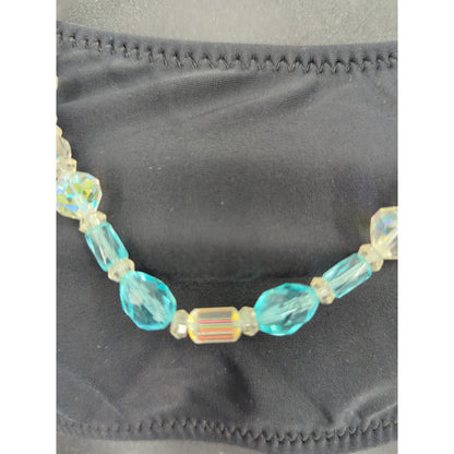 Vintage Beaded Toggle Clasp Statement Necklace Light Blue Gold Tone Bohemian