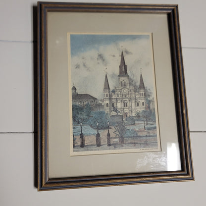 1983 Archies Sketch St. Louis Cathedral New Orleans Blue Framed Print 11.6"x9.6"