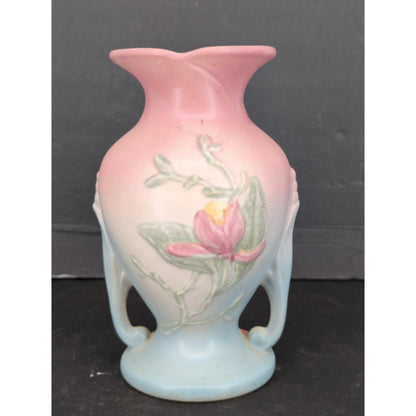 Vintage Hull Pottery Magnolia Double Handled Vase Matte Pink Blue Yellow