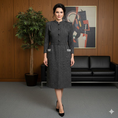 Vintage 80s nubby wool blend dress sheath dress Gray Plaid Shoulder detail Large