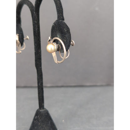 Vintage 1960s Mid Century Gold Tone Faux Pearl Frame Huggie Loop ClipOn Earrings