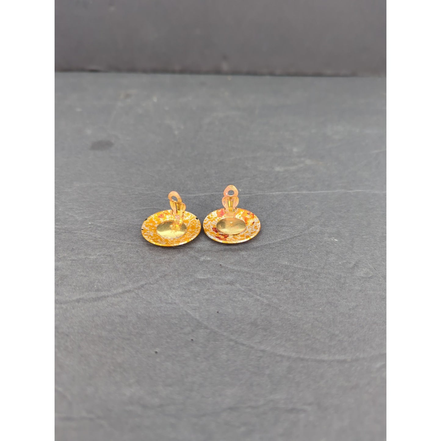 Vintage W. Germany Hand Painted Enameled Metal ClipOn Earrings Orange Yellow