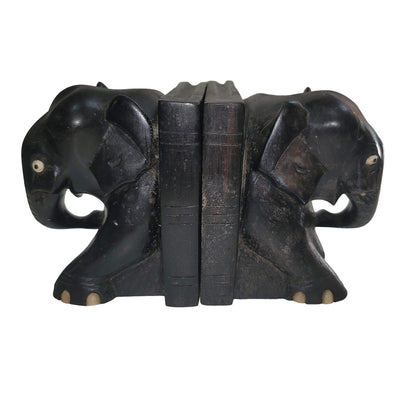 Vintage Elephant Bookends Hand Carved Wooden Ebony wood Bone Accents