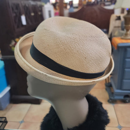 Imported Genuine Panama straw Vintage ladies HAT 40's 50's Breton roller ribbon