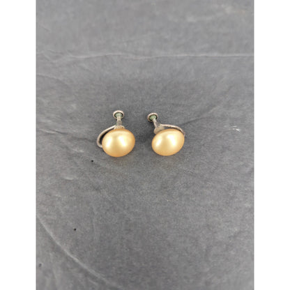 Vintage White Cream Faux Pearl Solitaire Screw Back Earrings Mid Century Retro