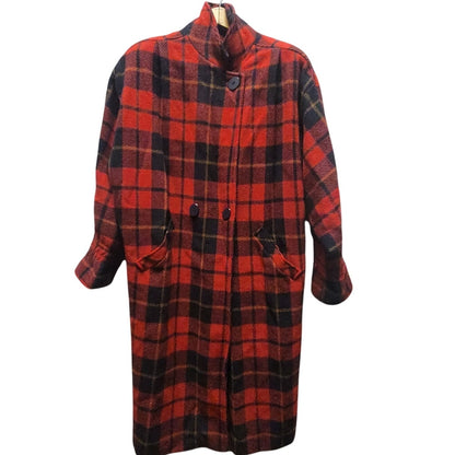 Portrait Vintage Red Black Plaid Wool Duster Coat Goth Grunge Academic Large