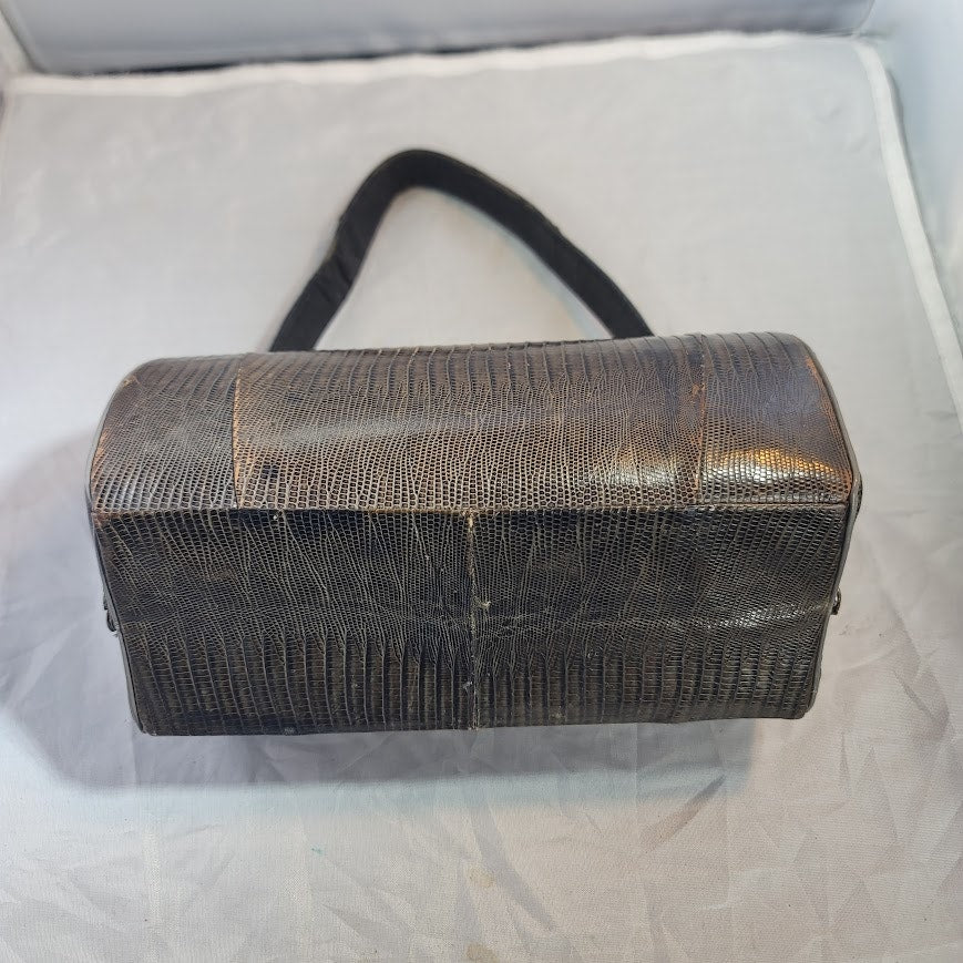 1950s Vintage Alligator Hide Barrel Hard Case Handbag Hardcase gray