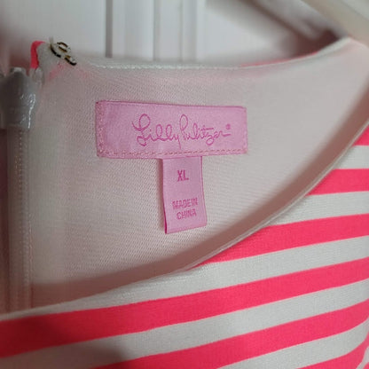 Lilly Pulitzer Briella Neon Pink stripe Boat Neck Dress cap Sleeve Size XL