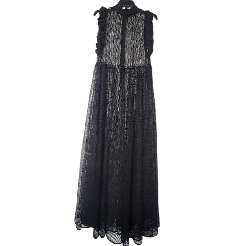 Good Time USA Black See-Thru Mesh Tiered Maxi Dress Womens Large Ruffle Sleeve