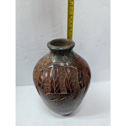 Hand Incised etched Vase Fish Turtle Clay pottery signed Cristina Amador