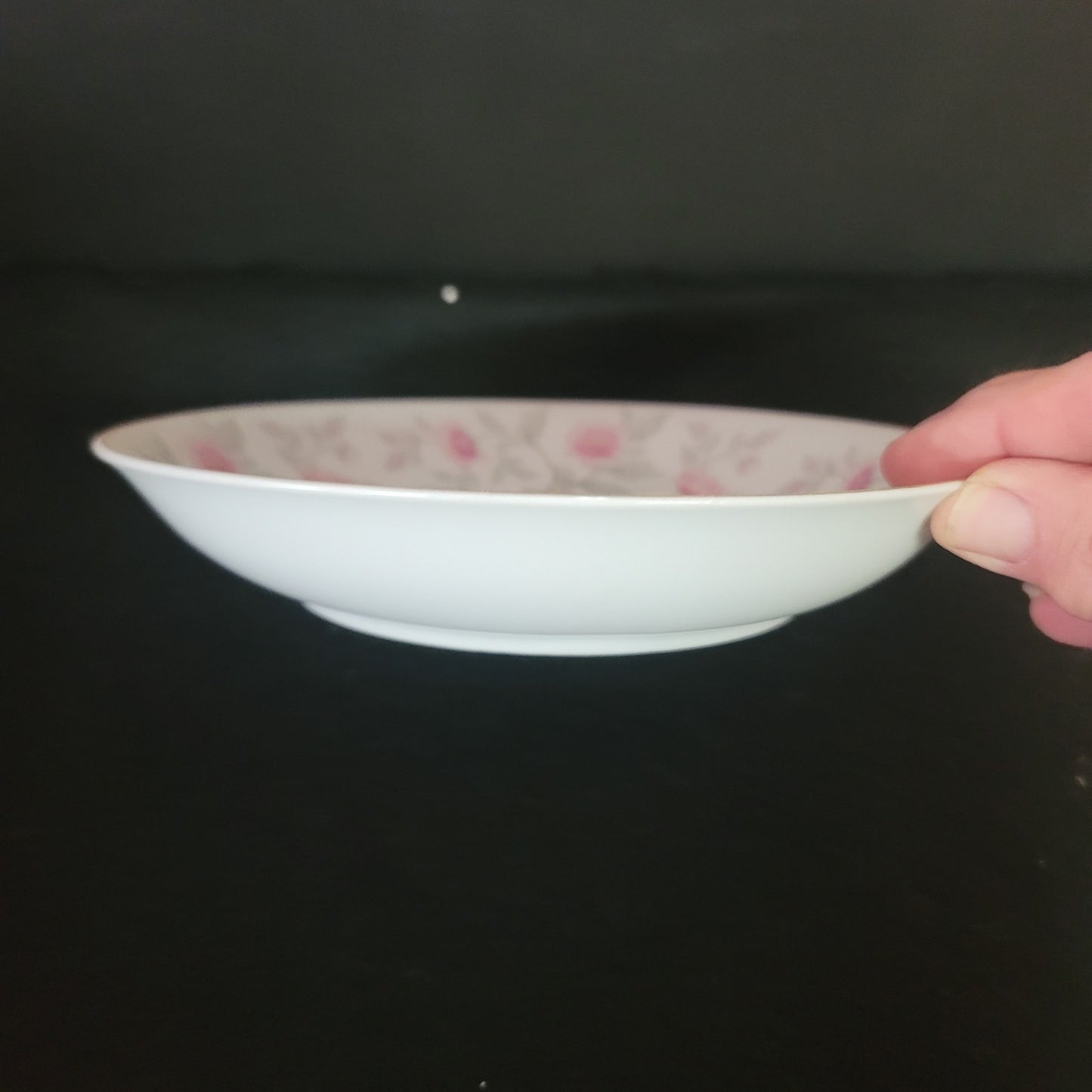 Coupe Soup Bowl Shalimar by Valmont Pink Flower Gray Stems 7 1/2" SHABBYCHIC