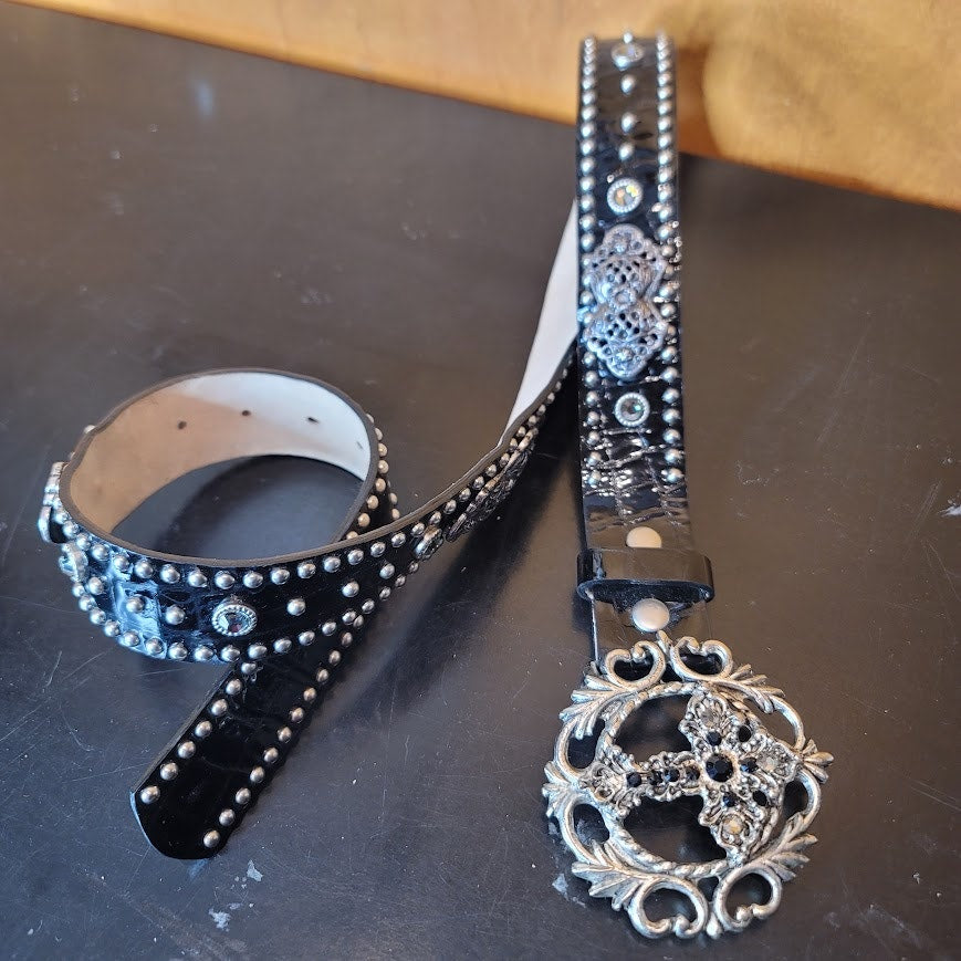 LeatherRock Genuine Leather Black Belt Silver Buckle Large 36 Studded Cross