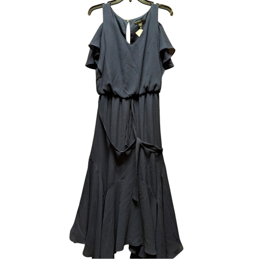 Maggy London Dress Size 6 Navy Blue Cold Shoulder Asymmetrical Ruffle Hem Belted