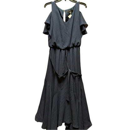 Maggy London Dress Size 6 Navy Blue Cold Shoulder Asymmetrical Ruffle Hem Belted