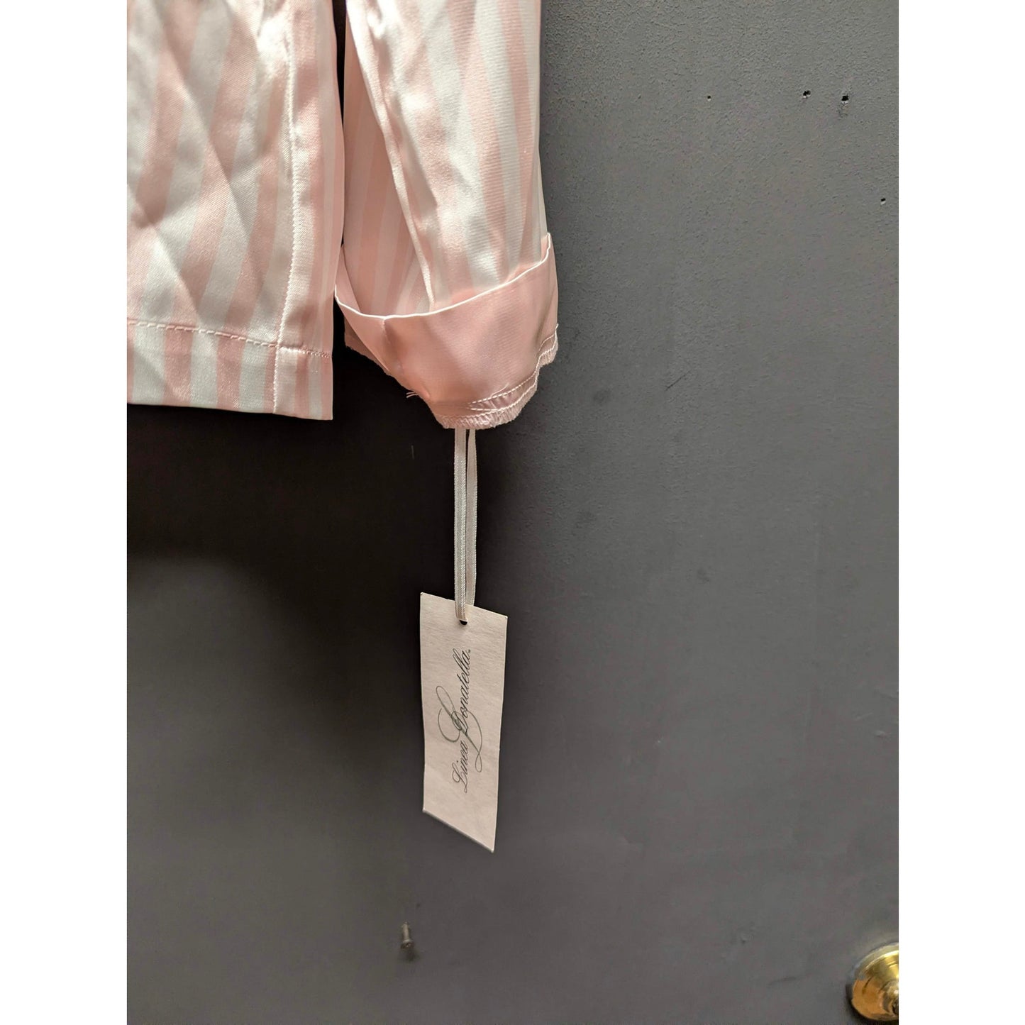 Linea Donatella Pink Striped Satin Pajama Shirt and Shorts Set Size Medium