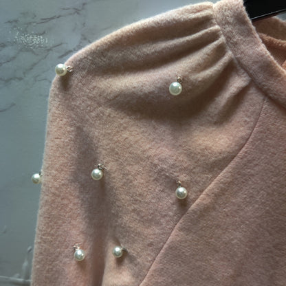 1901 Blush Pink Pearl Shoulder Sweater: Elegant Casual Cozy Long Sleeve Pullover