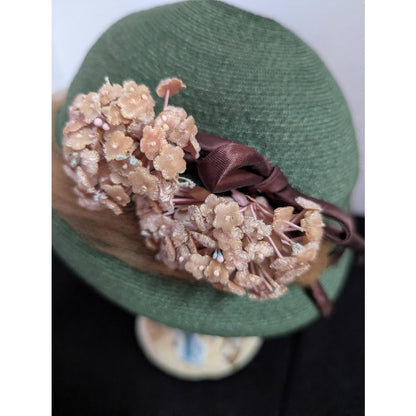 Vintage 40s 50s Forest Green Woven Cloche Bucket Hat Brown Ribbon Floral Trim