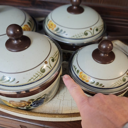 Vintage Asta Enamelware Cookware Set Brown Green Floral West Germany 8pc