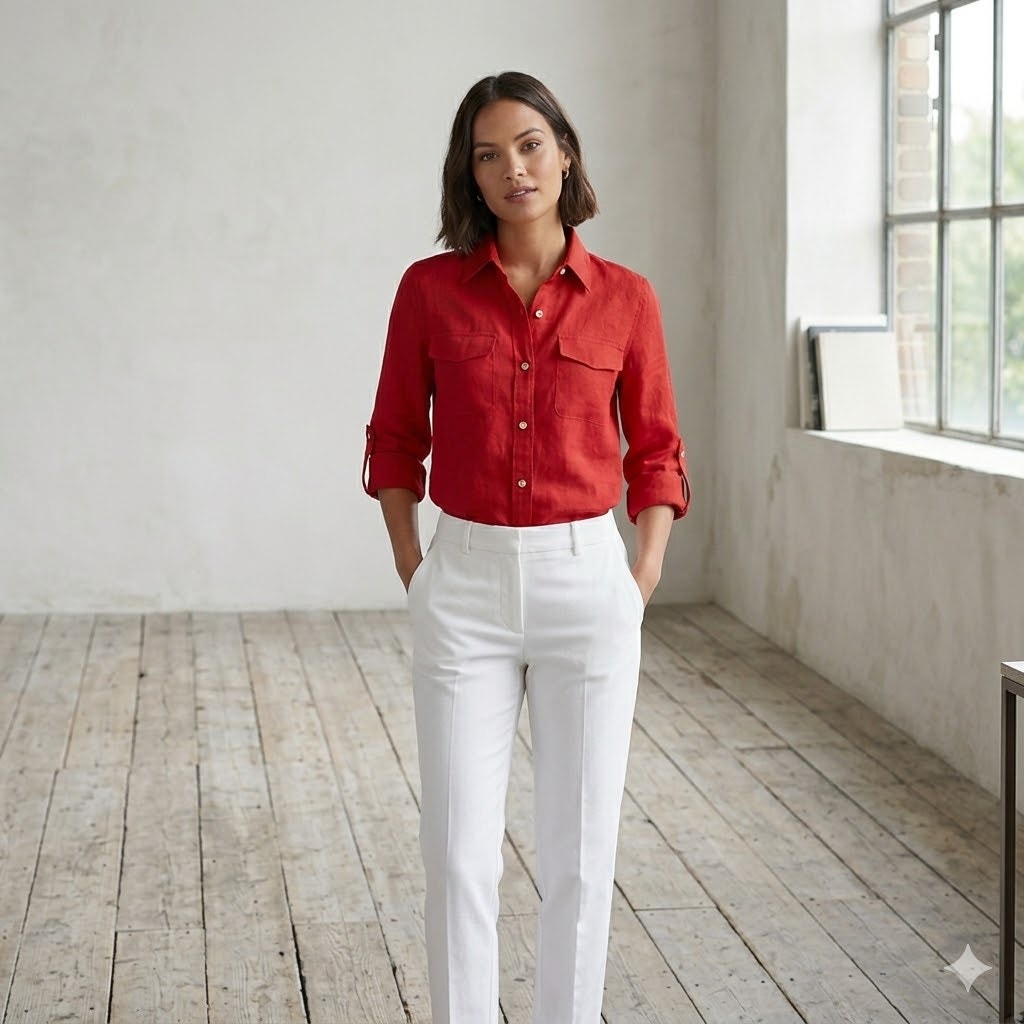 Lauren Ralph Lauren Petite Red Linen Roll Tab Sleeve Button Down Shirt Small PP