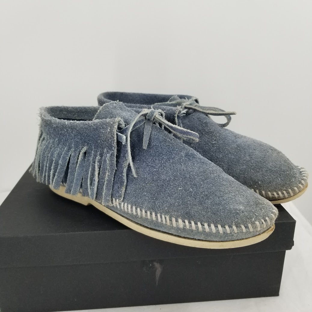 Vintage 80s Blue Suede Leather Fringe Moccasin Booties Soft Shoes  Size 8