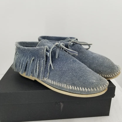 Vintage 80s Blue Suede Leather Fringe Moccasin Booties Soft Shoes  Size 8