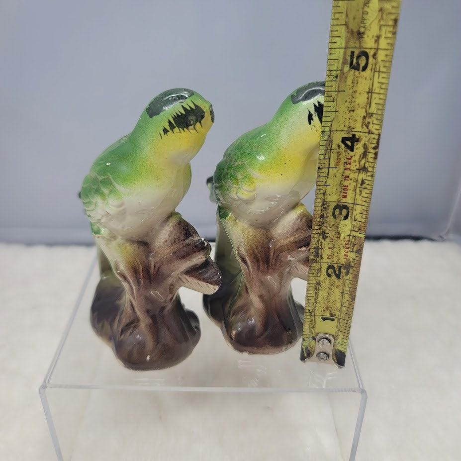 Vibrant Hand-Painted Japanese Ceramic Parakeet Duo 1960s Green Yellow Kitschy