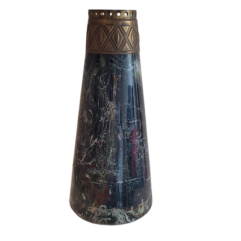 Vintage Art Deco Conical Glass Vase w/ Brass Collar Insert 13"