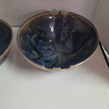 Pair 2 Notched Bowls 7" x 3.5" Blue Brown earthtone Jake Julie Bond Art Pottery