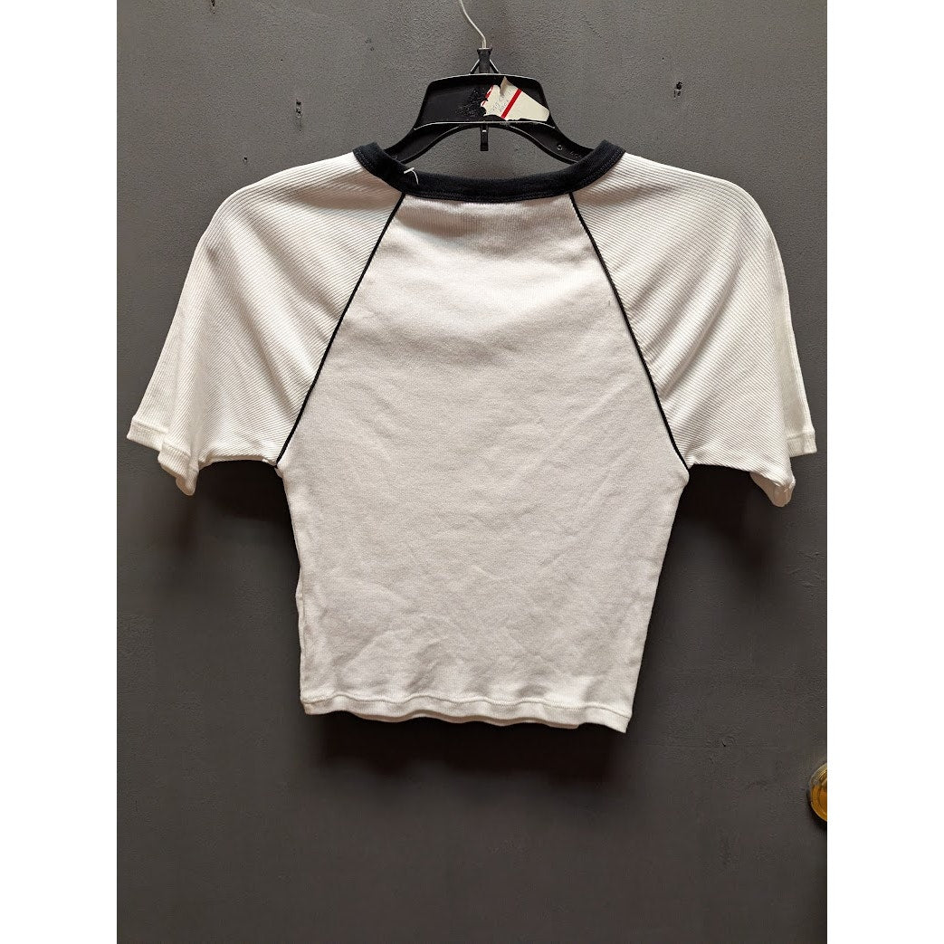 Topshop Fresh White Slash Blue trim  Crop Tee US Size 8 y2K ribbed short sleeve