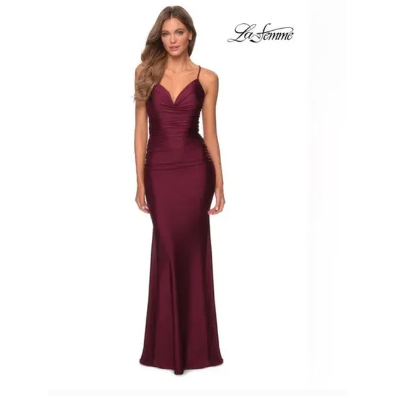 La Femme 27501 Burgundy Ruched Jersey Strappy Back Prom Gown Size 6