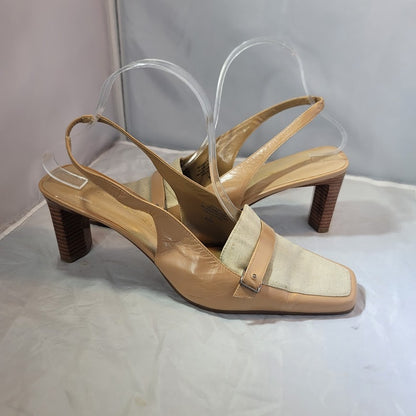 Bandolino straped mules heels tan and white career Womens Shoes Size 10