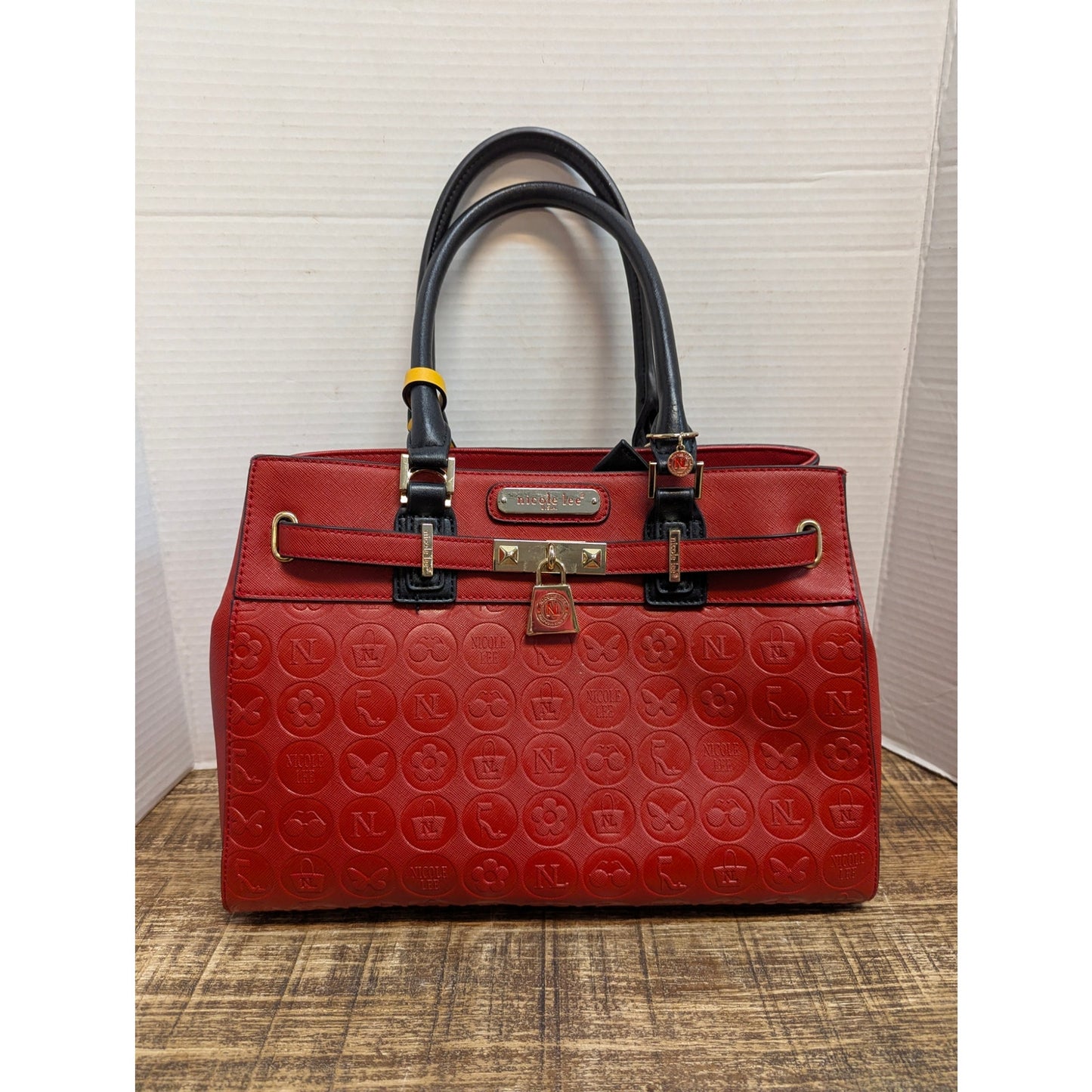 Nicole Lee Crimson Red Embossed Satchel Gold Padlock Detail